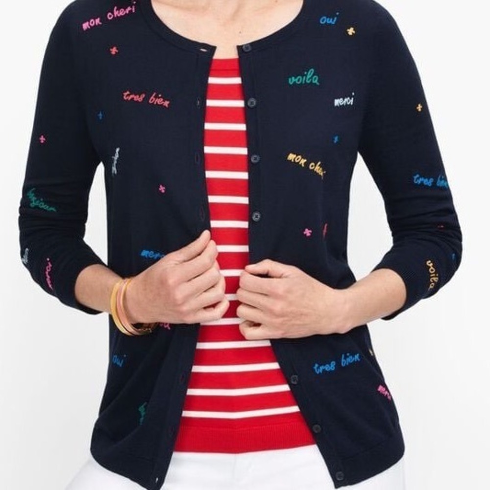 Talbots Navy Blue French Word Embroidery‎ Cardigan Sweater XL Petite Oui Voila